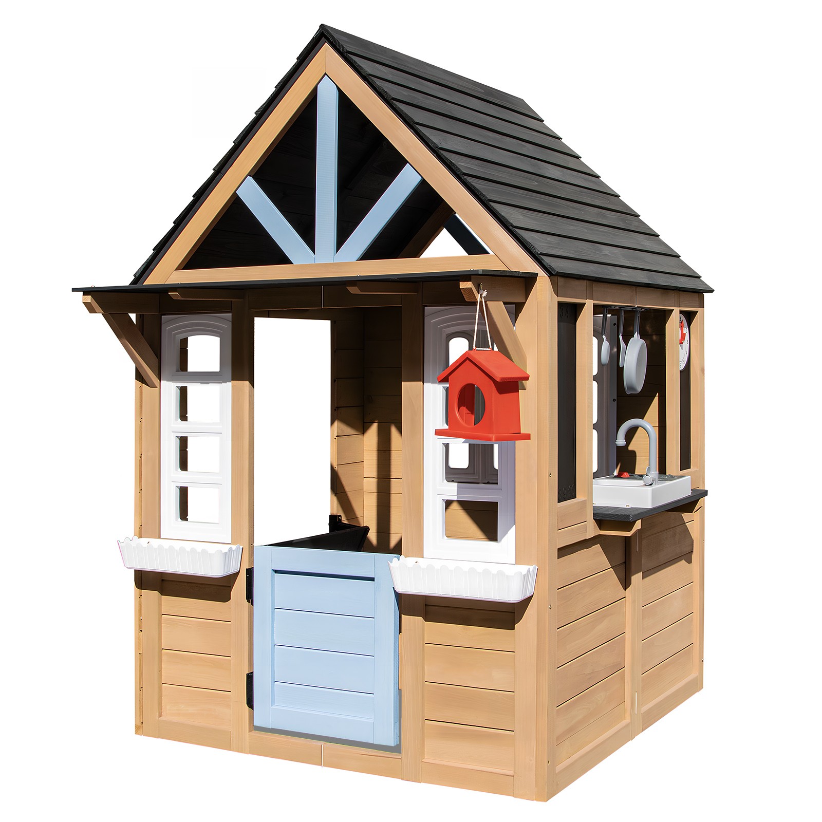 Outdoor Wood Kid Playhouse Backyard Garden Cottage Play Kitchen,Bench,Chalkboard