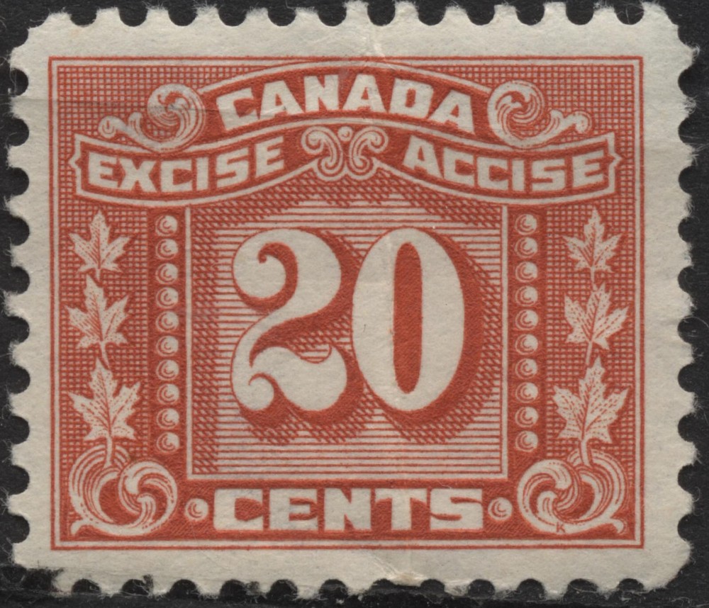 Canada 1934 #FX77 20c red Excise Stamp three leaf, MH creased
