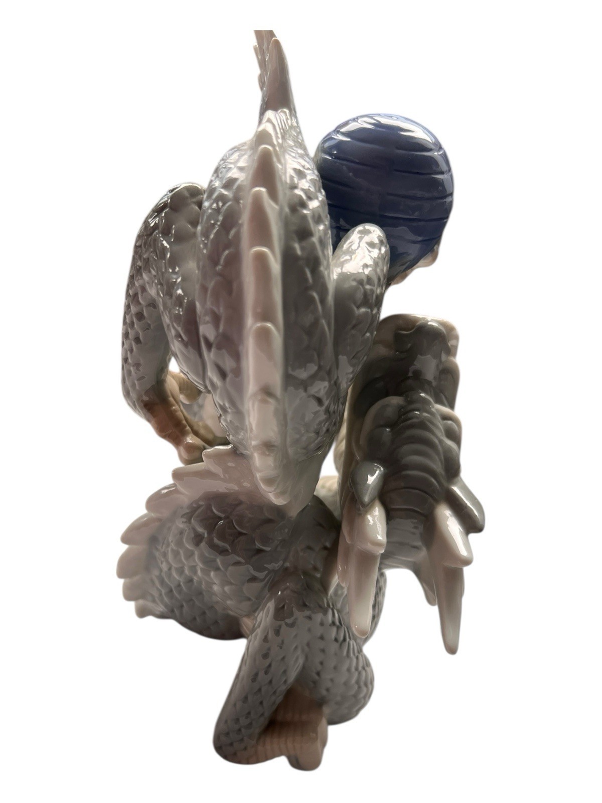 Dragon Yoshimi K Foo Porcelain Figurine w/Ball Japan 8”T 5.5”L Vintage Blue/Gray