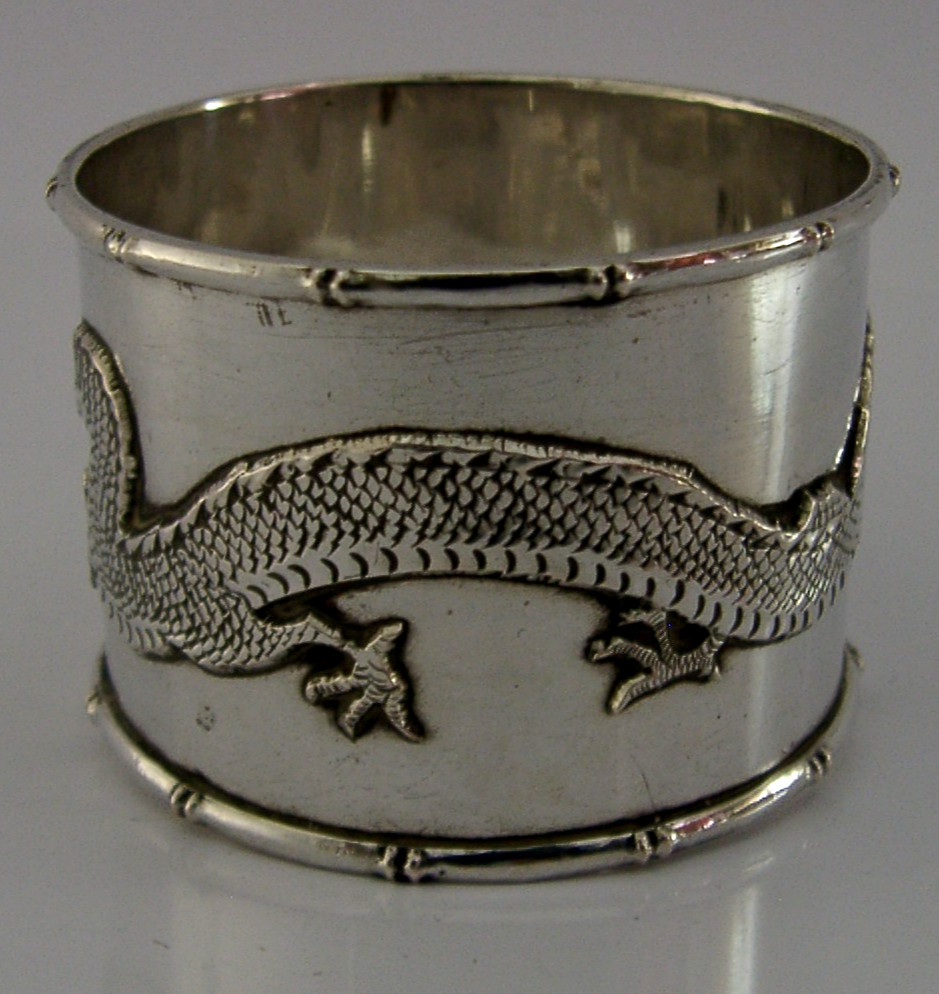 CHINESE EXPORT SOLID SILVER NAPKIN RING DRAGON c1900