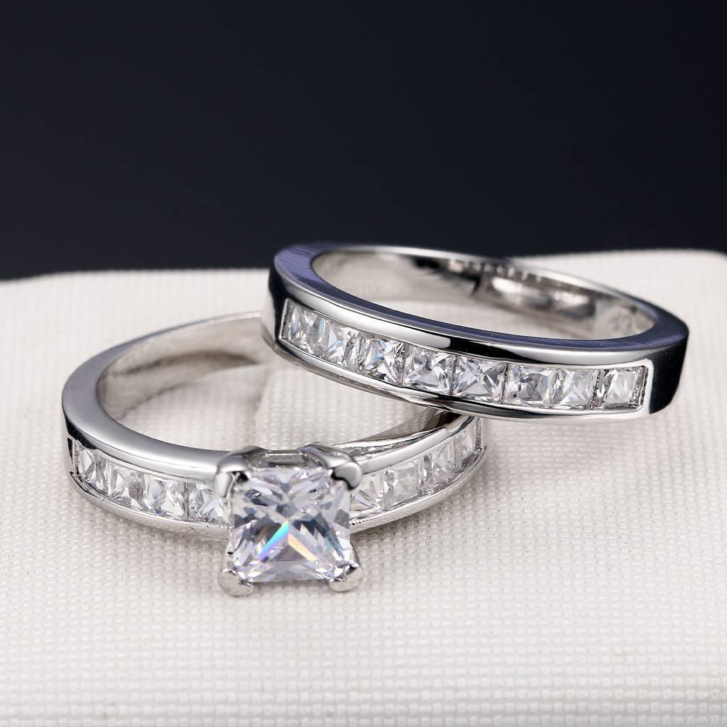 Princess Round Cut AAA CZ Stainless Steel Wedding Band Ring Set Women Size 6-10
