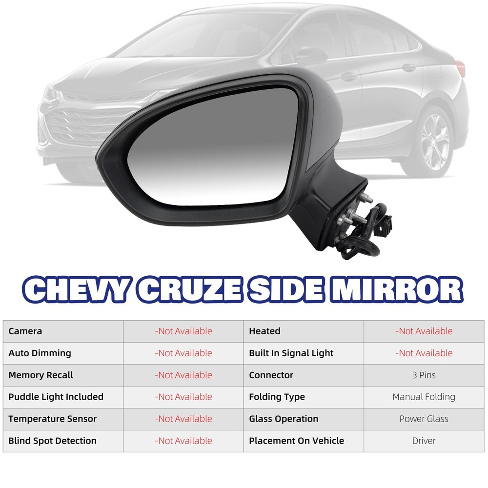 Driver Side View Mirror Compatible With Chevy Cruze L-Driver Side, Black