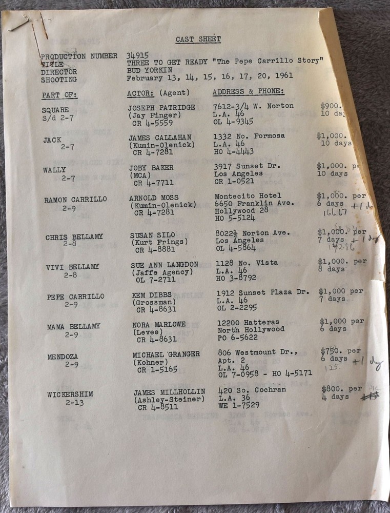 1961 Three to Get Ready Original Screenplay Final Shooting Script+Cast Sheet