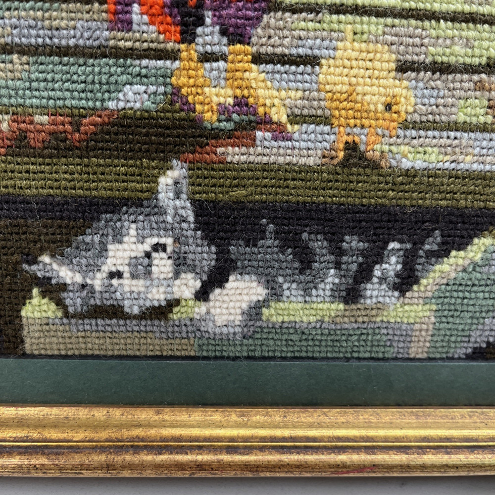 Needlepoint Art Framed Chickens Kitten Barn Feed Sack Landscape