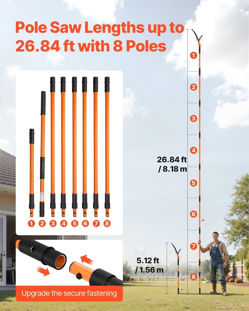 8-Section Adjustable 4.46-26.4ft Pole Saw with Pruning Scissors and Dual Hooks