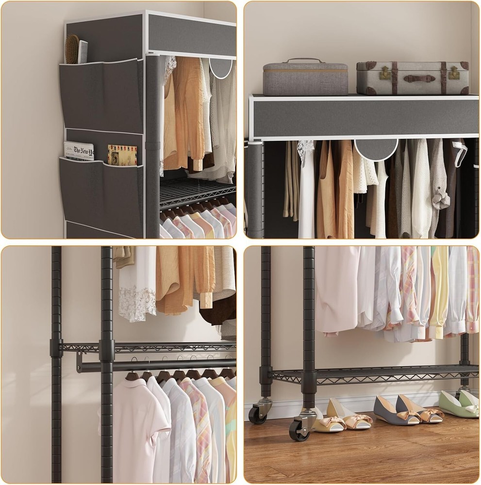 Rolling Garment Rack w/Oxford Fabric & Convenient Side Pockets & Secure Strap#