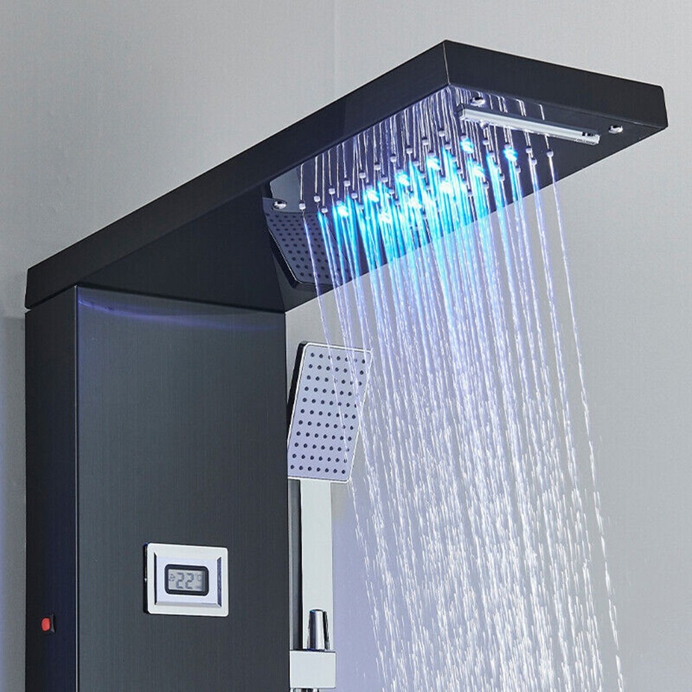 LED Shower Panel Tower System Brushed Black with Handle Massage Jet