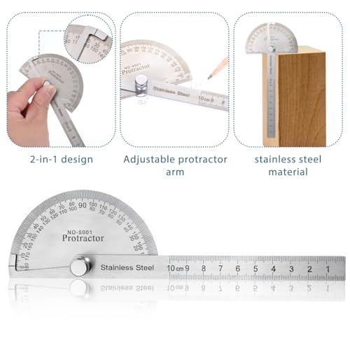 Stainless Steel Angle Protractor, 0-180 Degrees, Adjustable Woodworking Ruler