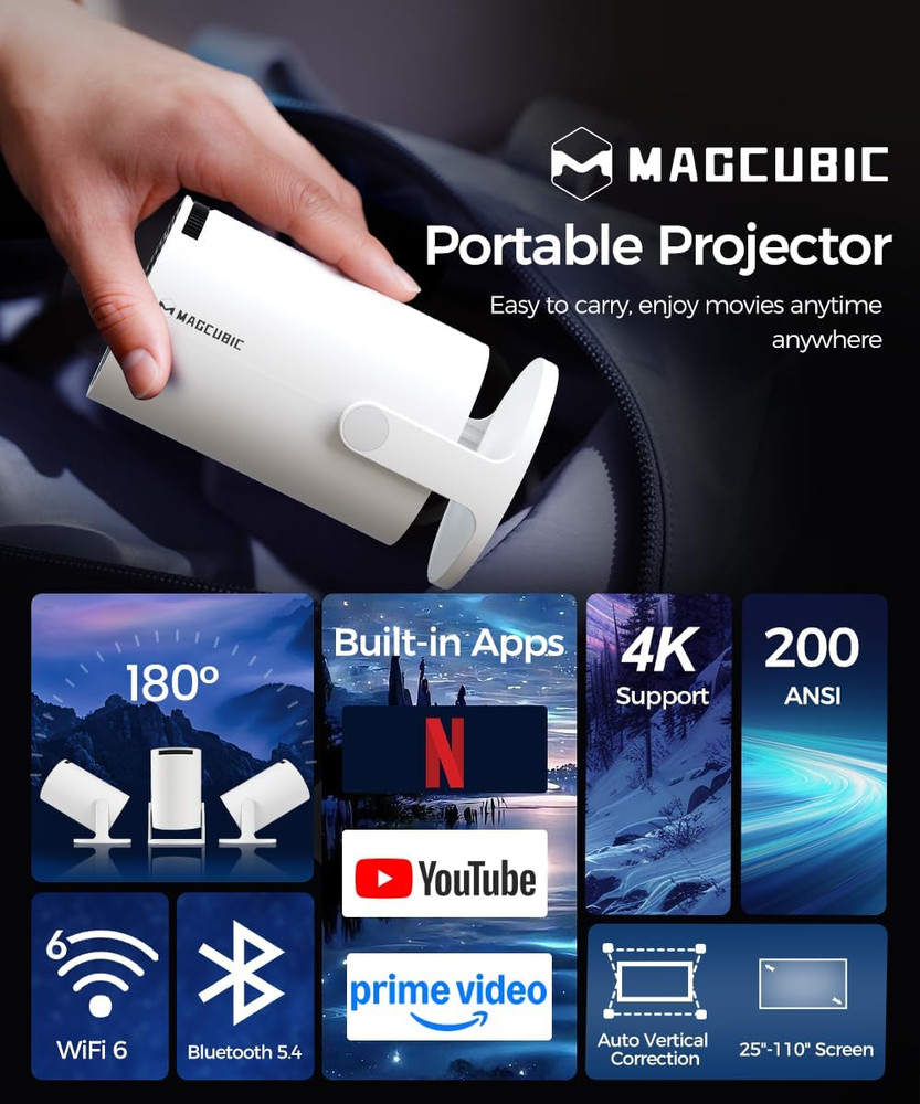 Mini Projector with Wifi and Bluetooth, 4K Support Smart Portable Projector, Sma