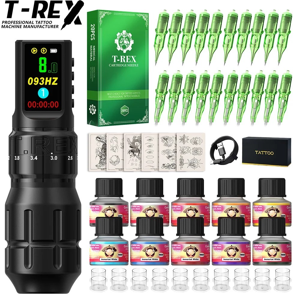 Tattoo Complete Kit T-Rex Cool Wireless Tattoo Machine Pen 7 Adjustable Strokes