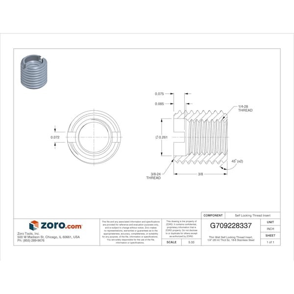 Thin Wall Self Locking Thread Insert, 1/4"-28 Int Thrd Sz, 18-8 Stainless