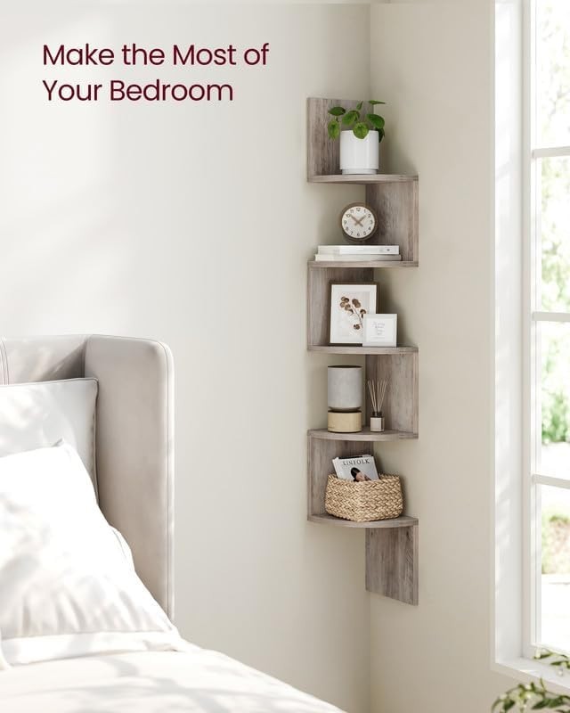 Wall-Mounted 5-Tier Corner Bookshelf – Chic Storage Solution in Heather Greige