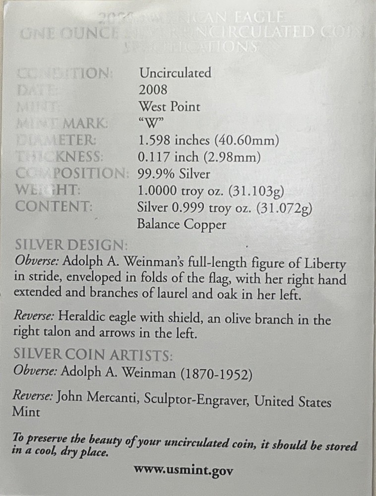 2008 Mint State, Uncirculated American Silver Eagle COA, No Coin
