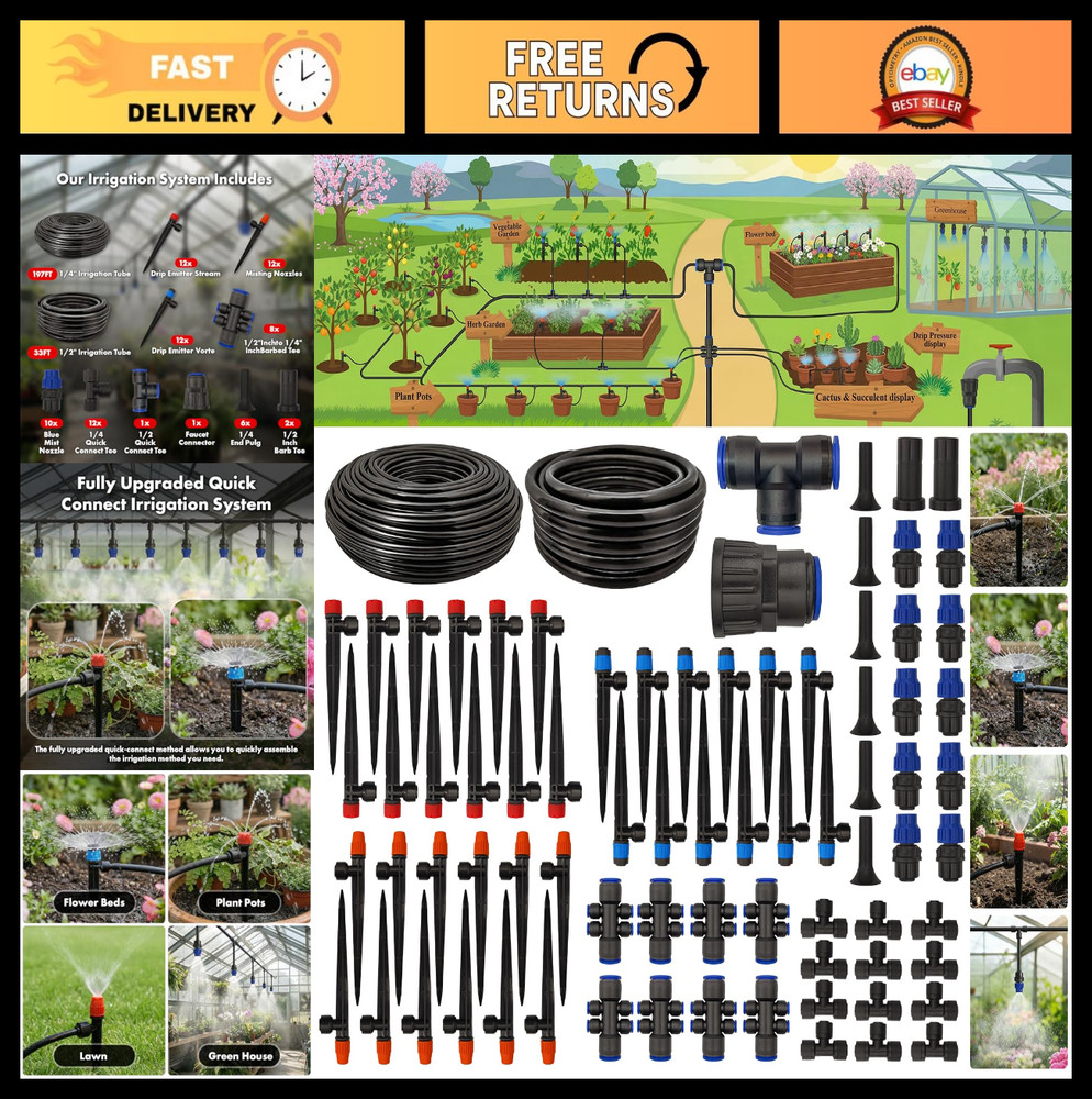 Drip Irrigation System 230FT Quick-Connect Drip Irrigation Kit with 1/4 inch 1/2