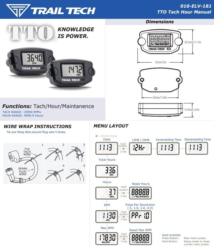Trail Tech 742-A00 TTO Universal Quad ATV Tachometer / Clock / Engine Hour Meter
