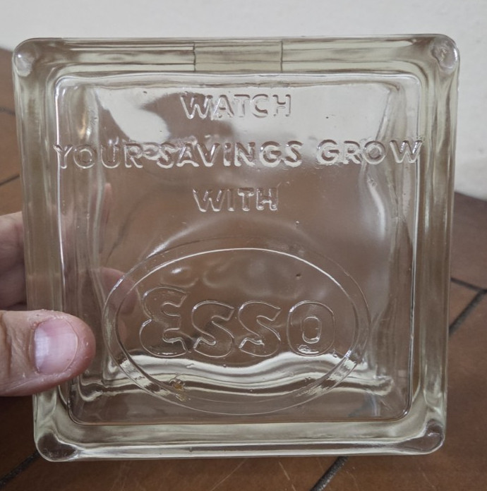 VINTAGE ADVERTISING GLASS BLOCK ESSO GAS OIL CO SAVINGS BANK COLLECTIBLE