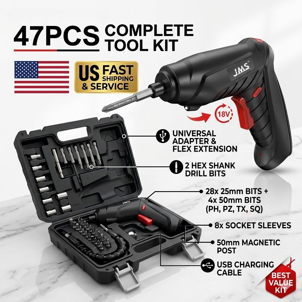 47pcs Electric Screwdriver Kit, Cordless Impact Drill Tool Screwdriver Bits Set