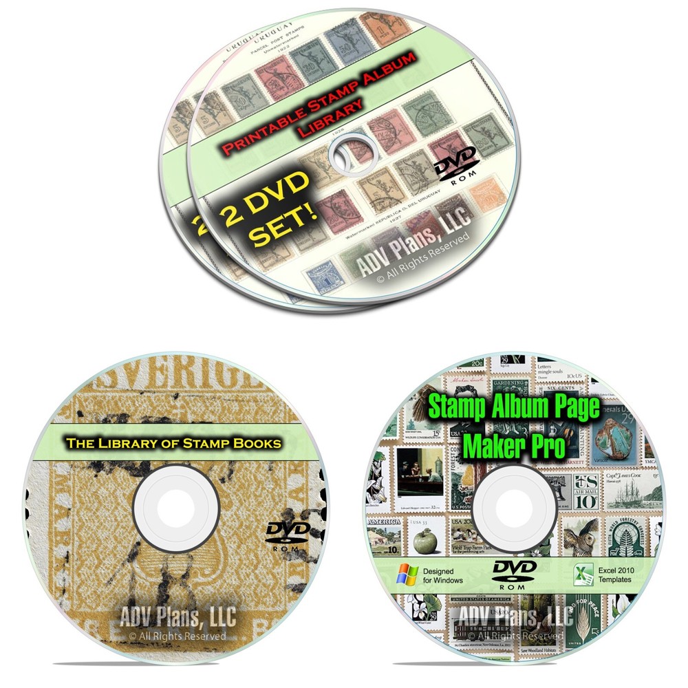 34,000 Printable Stamp Album Pages w/ Vintage Stamp Collection Books, 4 DVD set