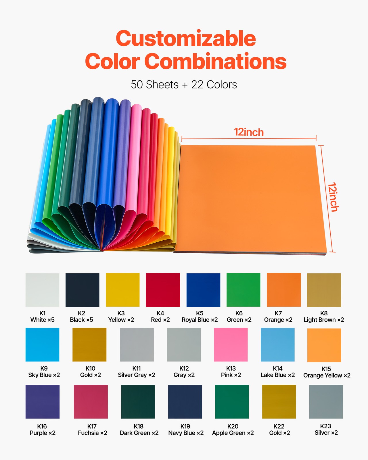 VEVOR Heat Transfer Vinyl HTV Iron on Vinyl Bundle 50 Pack 12 x 12 in Multicolor