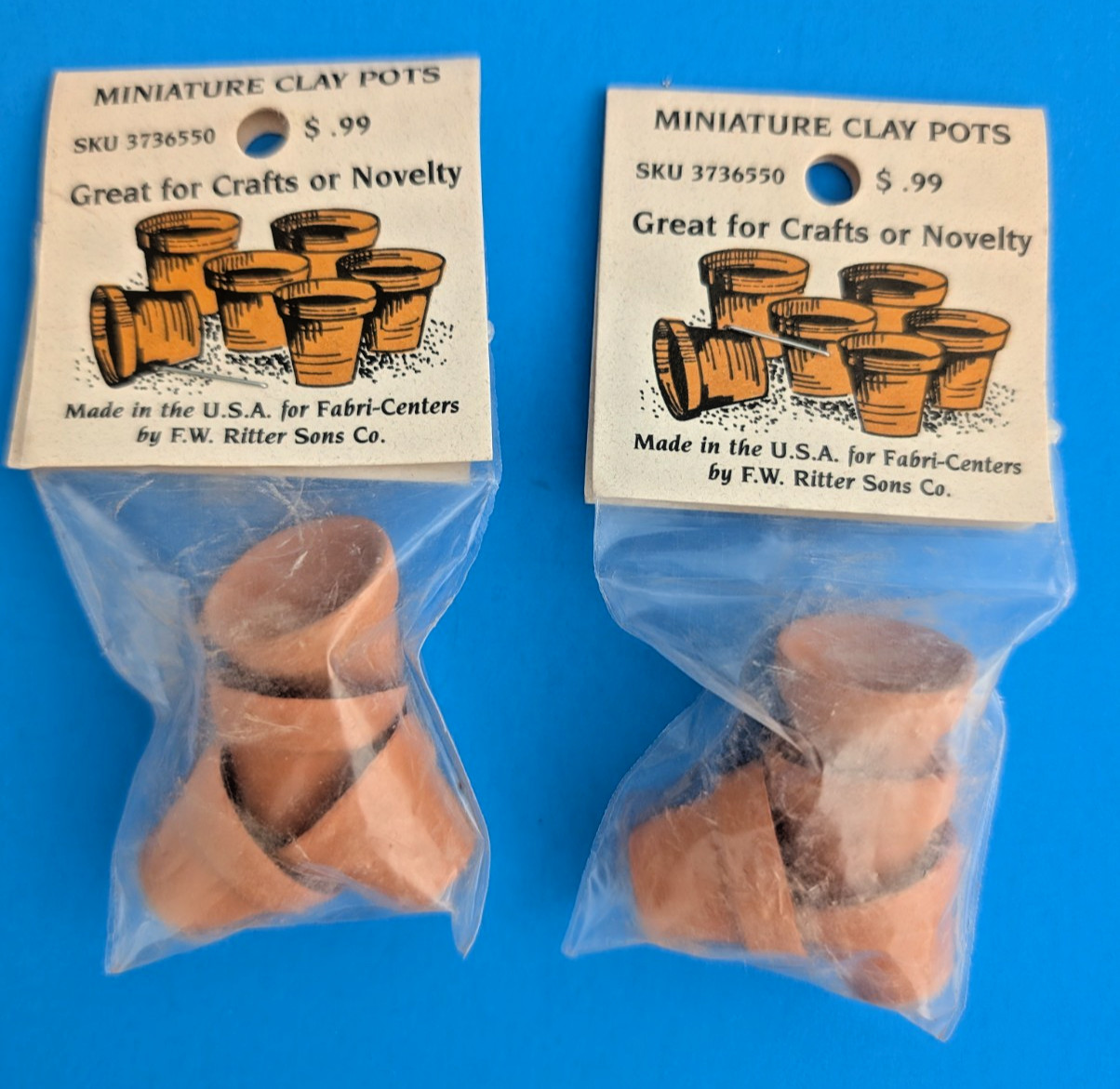 2 Packs of 4 Vintage Miniature Clay Terra Cotta Pots 1/2"; Dollhouse; USA; NOS