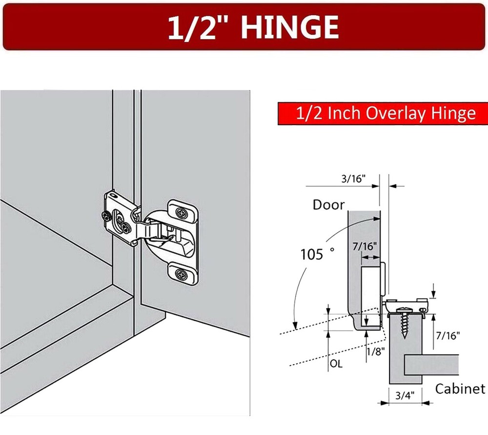 50Pack 1/2" Overlay Soft Close Face Frame 105° Compact Cabinet Hinge Handware US