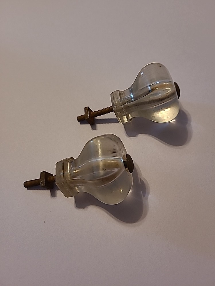 OLD VINTAGE PAIR OF SOLID GLASS DRAWER KNOBS PULLS HANDLES