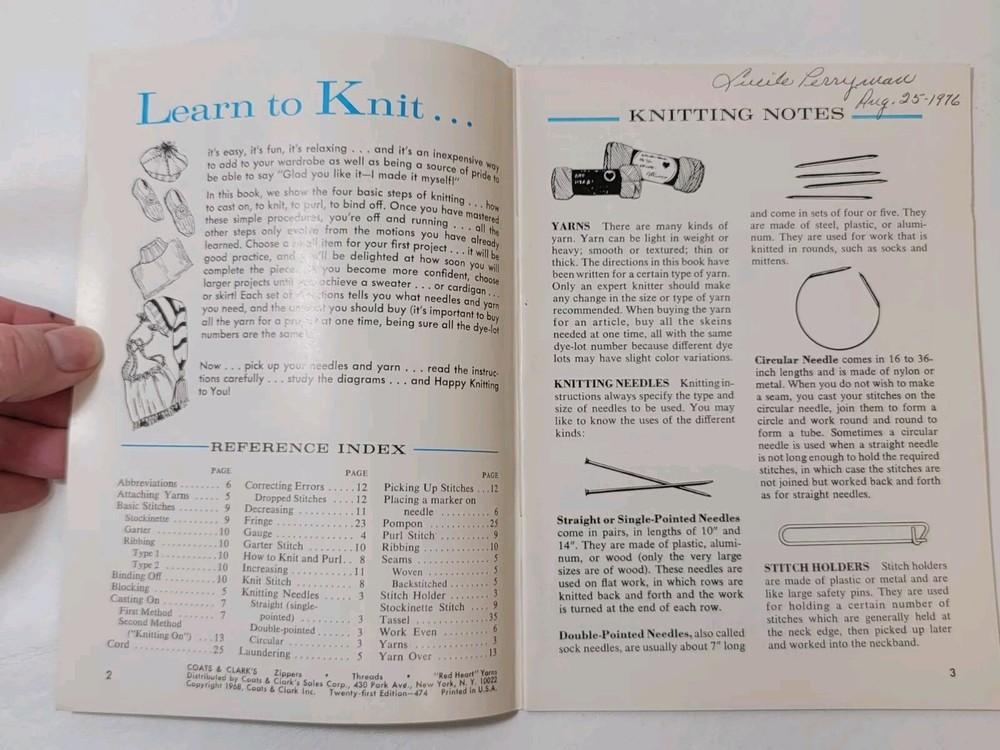 1968 Coats & Clark Learn To Knit 190 Pattern Book 12 Beginner Projects