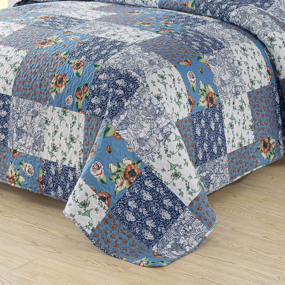 Reversible Boho Queen Quilt Set - Garden Pattern, 3 Pieces, Lightweight Bedsprea