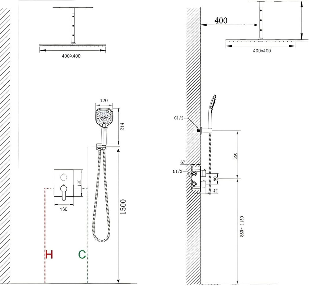 Matte Black LED Rain Shower Head - 2-Function Square Stainless Steel Ceiling Mou