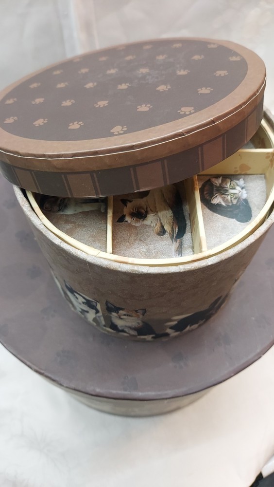 Stacking Storage Containers For Sewing Stuff Cat Print On Them. Good Condition