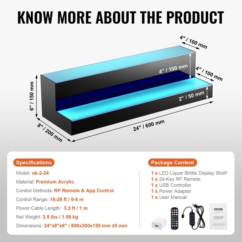 24in 2-Layer RGB LED Bar Shelf App RF Controlled Lighted Display