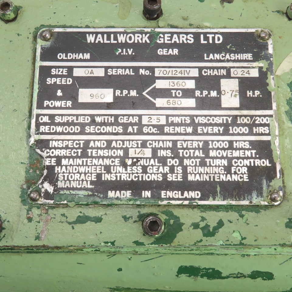 Wallwork Gears Size OA Mechanical Variator Chain Driven Gearbox Size OA 0.75 HP
