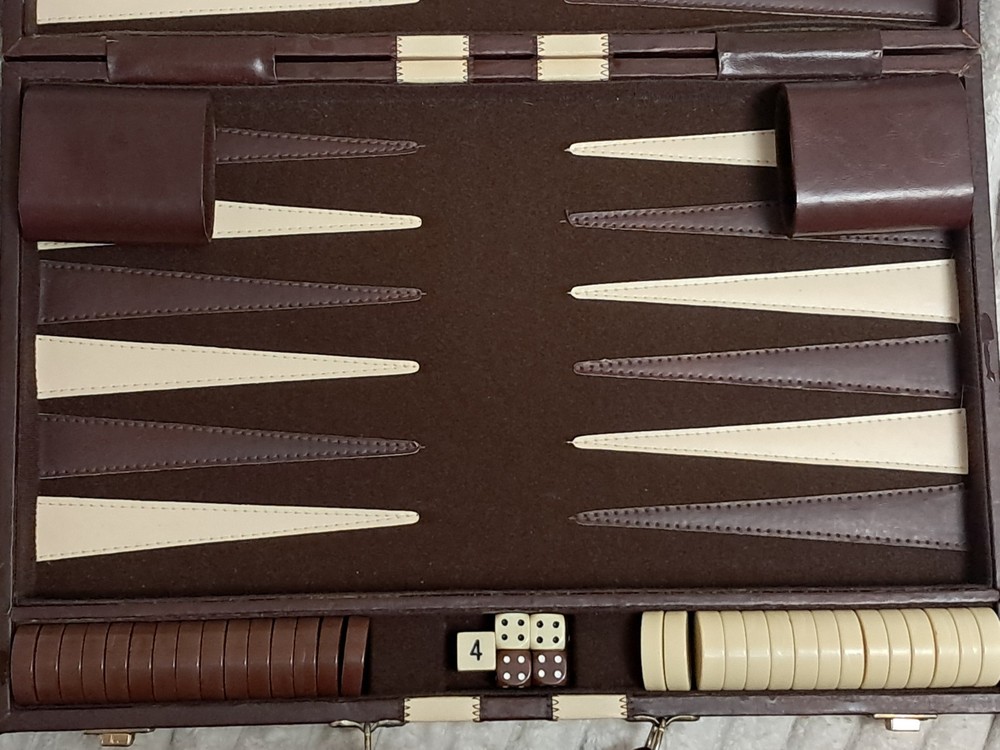Bakelite Backgammom Gaming Set Complete Leather Bound Stitched