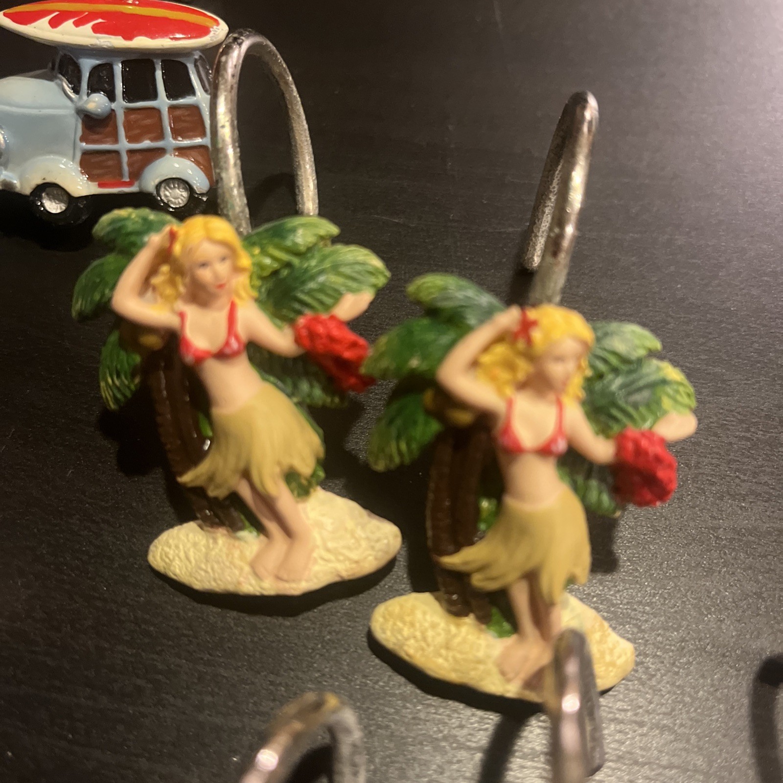 Vintage Set of 10 Shower Curtain Hooks Rings Metal Resin Palm Hawaii Beach Surf