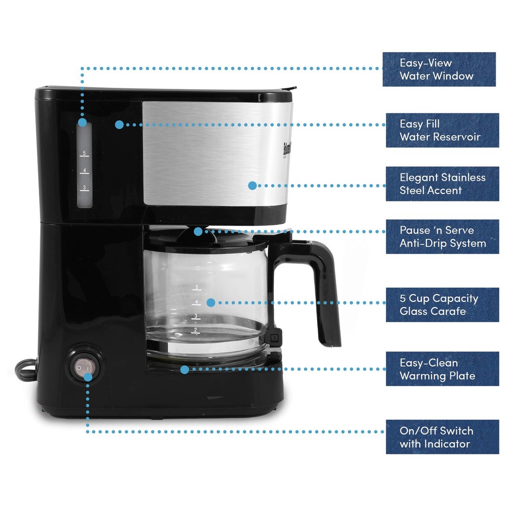 Automatic Brew and Drip Coffee Maker 5 Cup Capacity Stainless Steel Machine