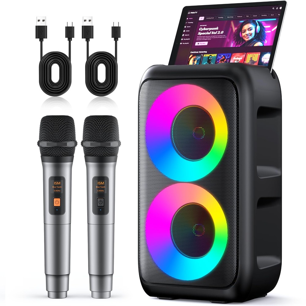 Karaoke Machine, Portable Bluetooth Speaker with 2 Wireless Karaoke Microphon...