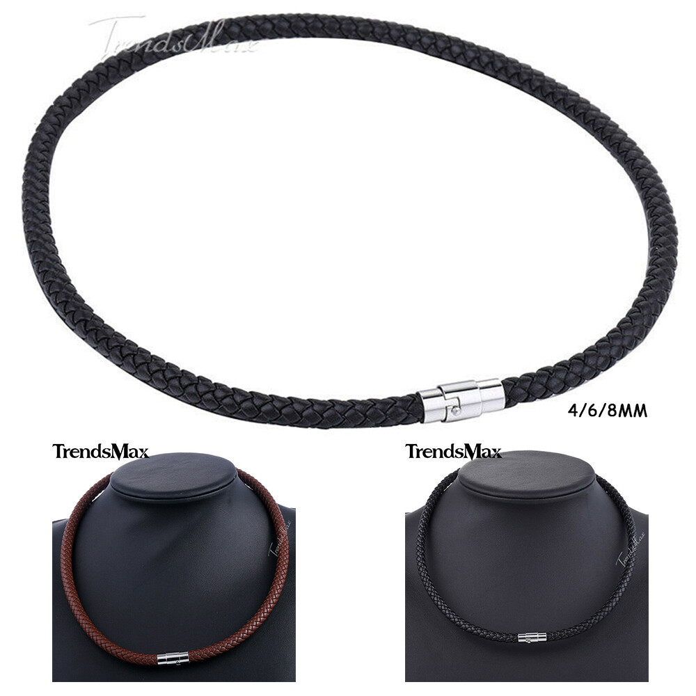 4/6/8mm 16"-36" Black Braided Leather Cord Necklace Choker Steel Magnetic Clasp