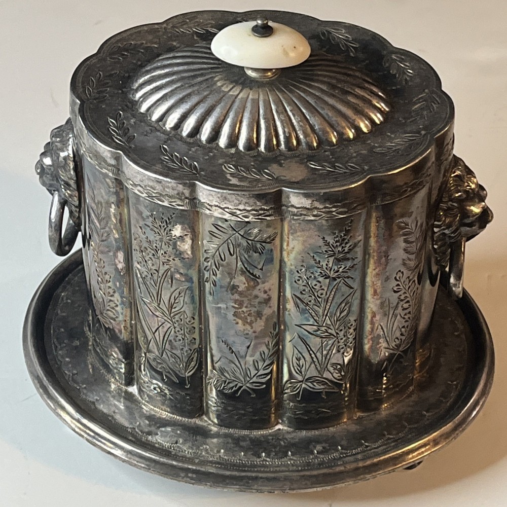 Victorian Antique Silver Plated Biscuit Barrel Hinged 2lbs 5oz Lionhead Handles