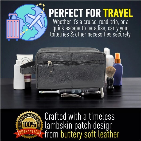 Black Leather Travel Toiletry Bag Zipper Case Organizer Shaving Portable Dopp