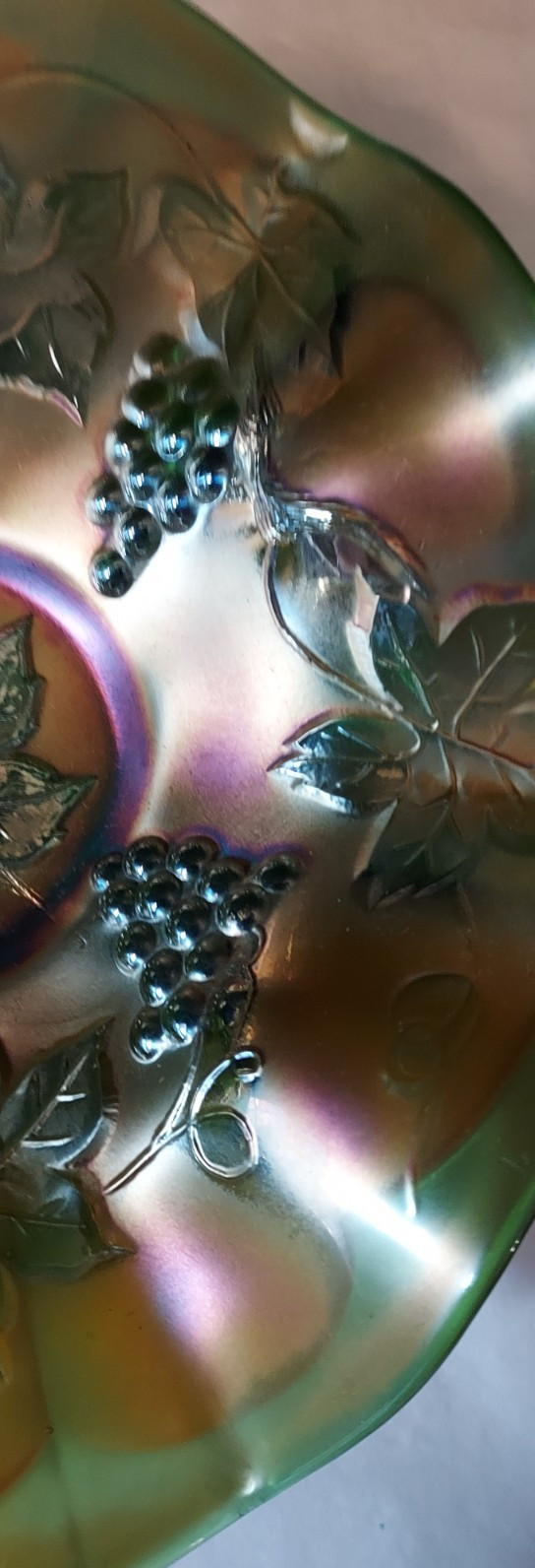 Fenton Grape and Leaves Green Iridescent Carnival Glass Bowl 1911-1918