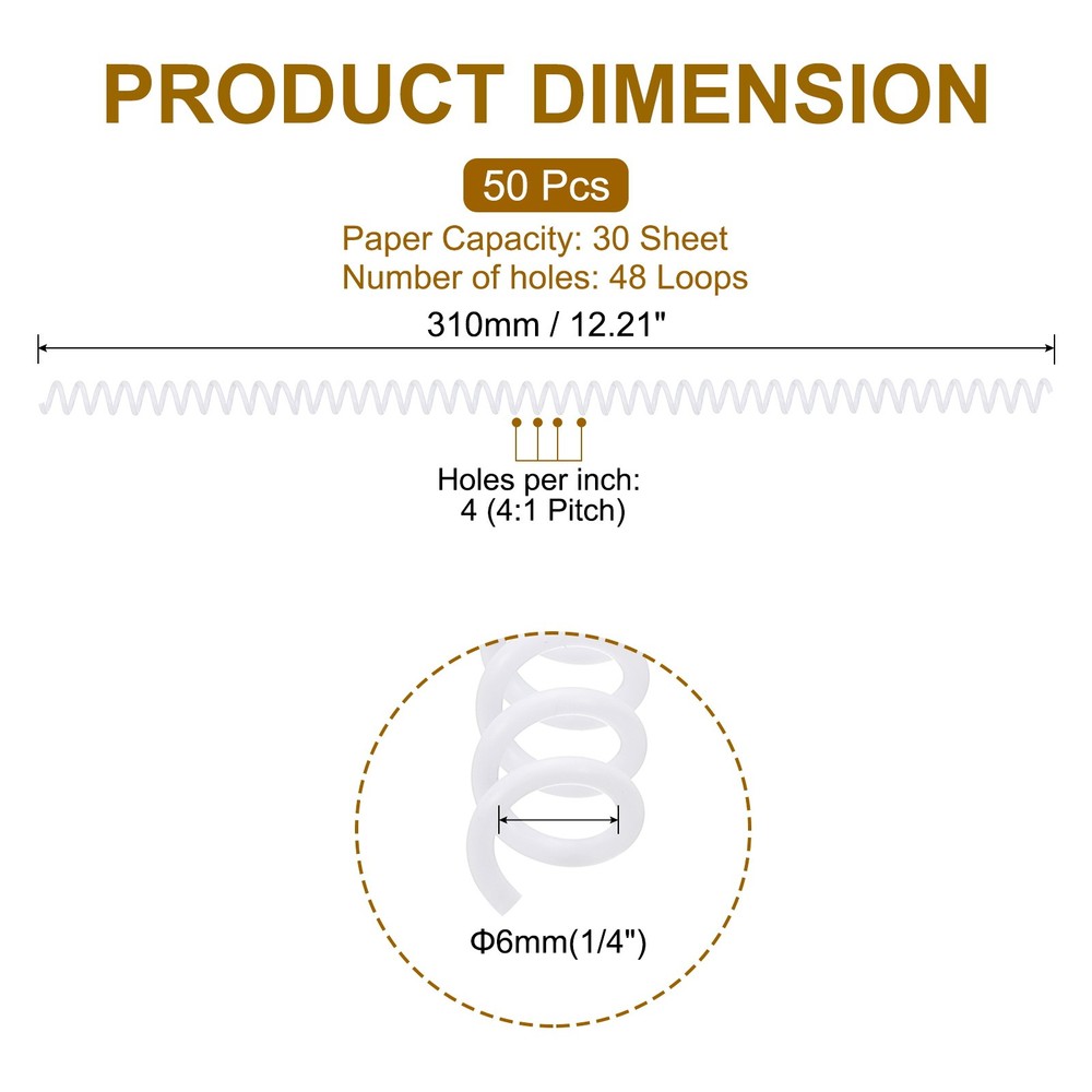50 Pack Spiral Binding Coils, 6mm(1/4") Binding Coils, White