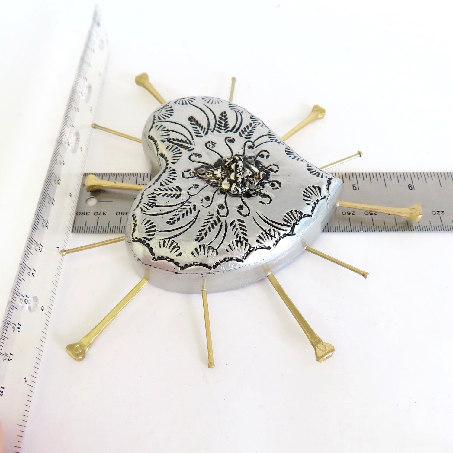 Milagros Sacred Heart Nails Wood Silver Embossed Handmade Mexican Folk Art 6H
