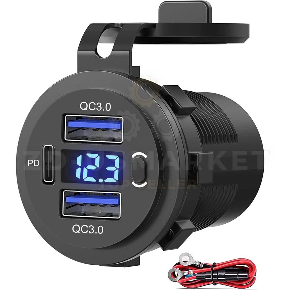 Dual USB Quick Charge 3.0 Port & PD USB C Car Charger Socket, 12V with Voltmeter