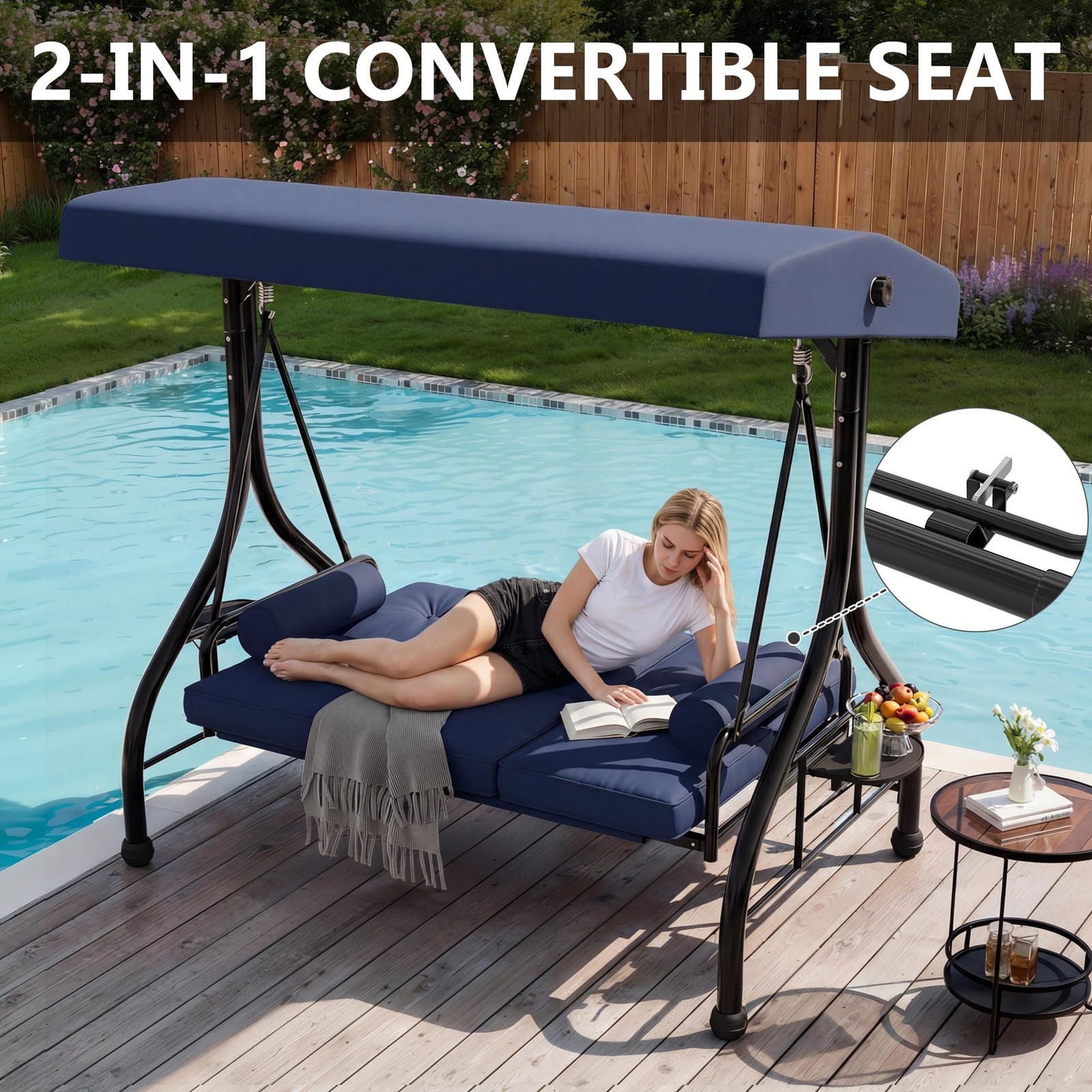 Outdoor Porch Swing with Adjustable Canopy 3-Seat Garden Patio Swing Chair