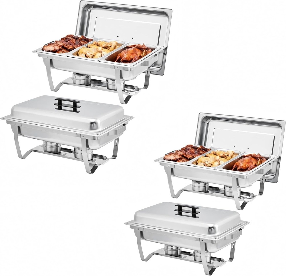 4-Pack 3-Well Chafing Dish Buffet Set, Stainless Steel Rectangular Chafing Dish