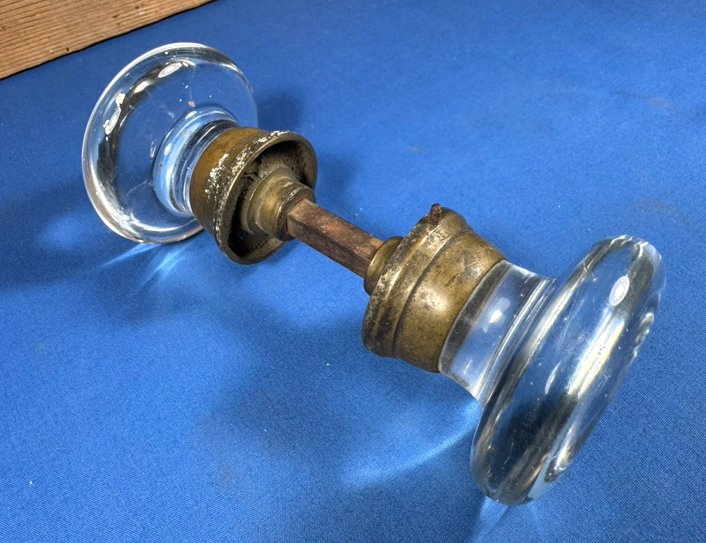 Pair C.1920 Glass Door Knobs ~ "X" Rosette, NO chips or cracks, Clean, Thin