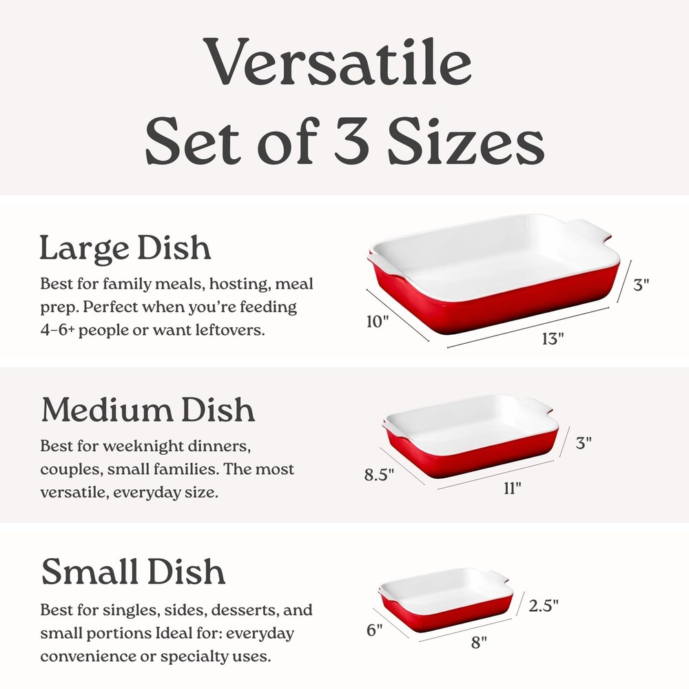 Stoneware Casserole Dish Bakeware Set of 3 | Rectangular Dinnerware Set with ...