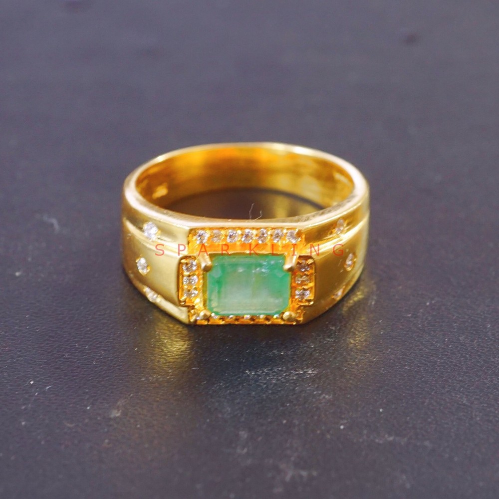 Emerald Octagon Cut With 14K Solid Gold Ring For Men's #E508