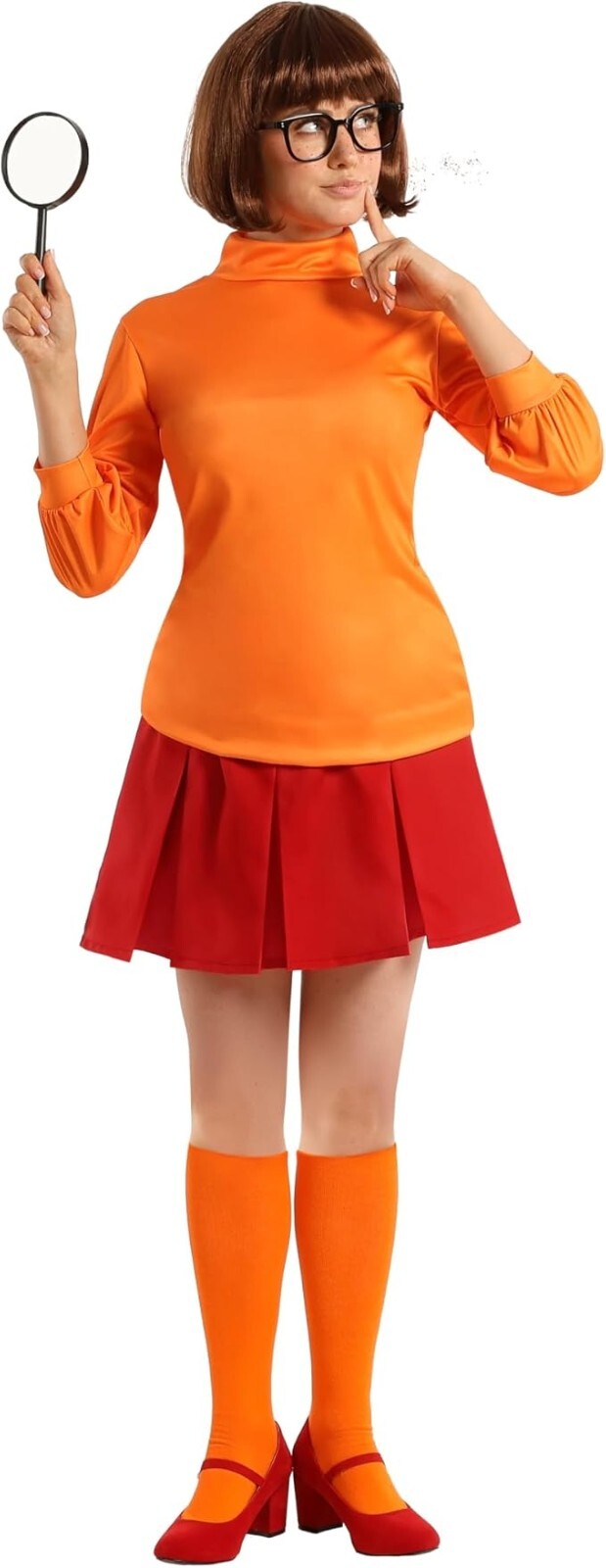 Women`s Velma Costume & Wig Orange Mystery Inc Scooby Doo Detective Dress S-3XL