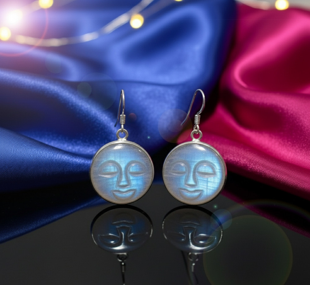 Solid 925 Sterling Silver Handcarved Rainbow Moonstone Moonface Dangle Earrings